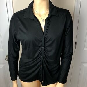 2X PLUS SIZE Solid Black Ruched Long Sleeve Women's Button Down Blouse Top